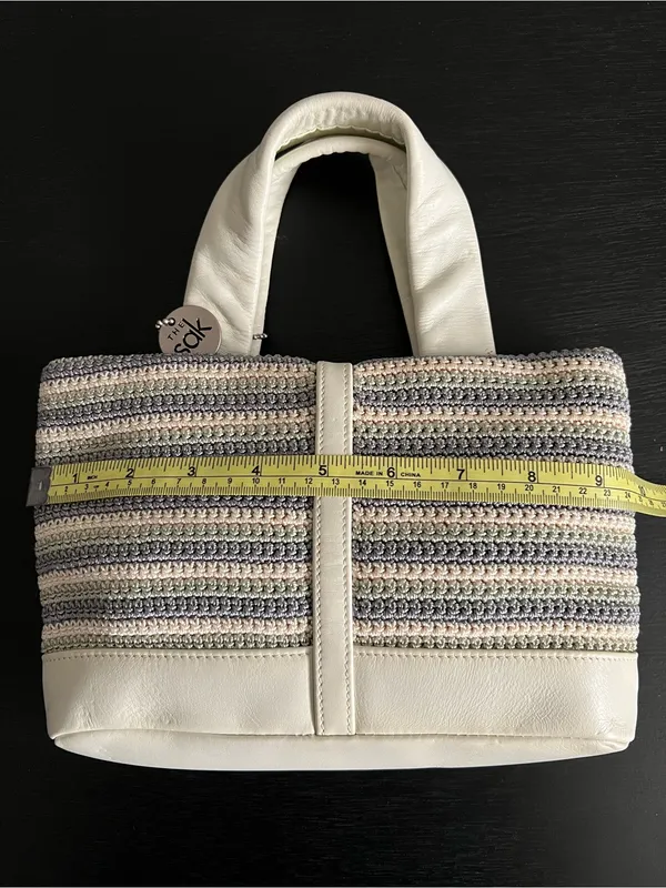 The Sak White Gray Seafoam Striped Crochet Tote Bag Leather Trim Mini Tote Purse - Image 8