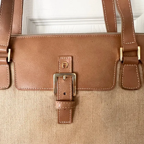 Etienne Aigner Vintage Woven Linen Tan Leather Trim Shoulder Tote Satchel Buckle - Image 5