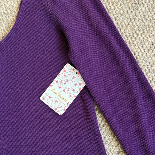 NWT Free People Mod Stripe Cuff Waffle Knit Top Purple Size Medium - Image 5