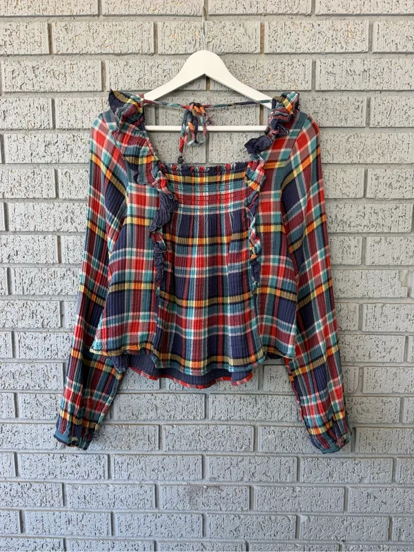 Free People Siena Plaid Pullover Shirt Ruffle Navy Blue Red Size XS Peasant - Image 6