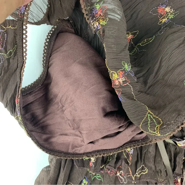 Flamingo size medium tiered vintage Brown Embroidered Top floral boho cottage - Image 7