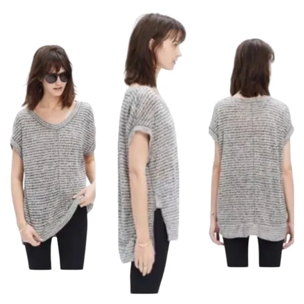 MADEWELL LINEN Striped Knit Split Side High Low Top XS minimalist neutral - Image 2