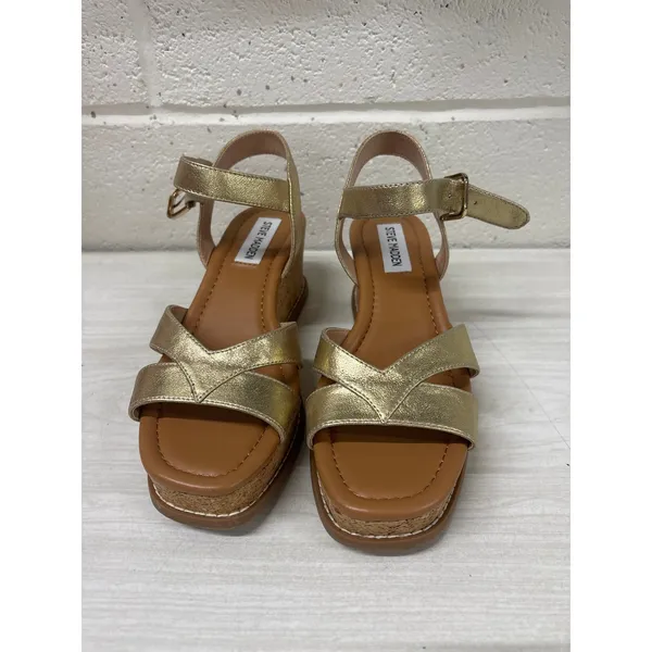 NIB Steve Madden Sz 6 Gold Metallic Leather Robbin Cork Wedge Ankle Strap Sandal - Image 4