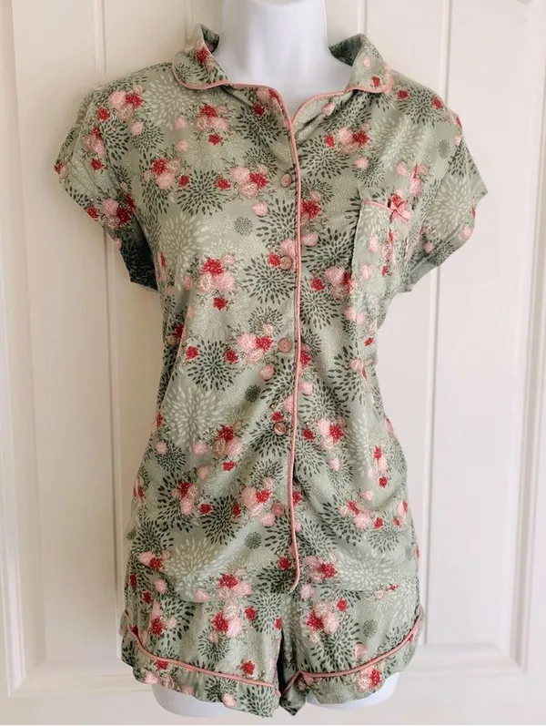Balletcore Floral Green & Pink Satin Bow Pajama Set by Cynthia Rowley Sz Medium - Image 2