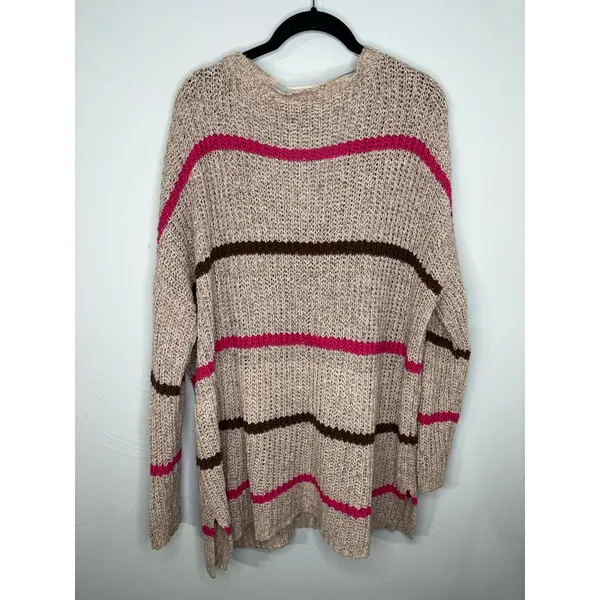 Free People Oversized Loose Knit V-Neck Sweater Size Large Striped Pink Brown - Image 2