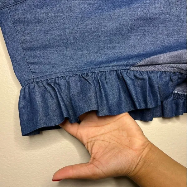 NY Collection Woman Dark Wash Cotton Chambray‎ Flutter Sleeve Button Front Top - Image 2