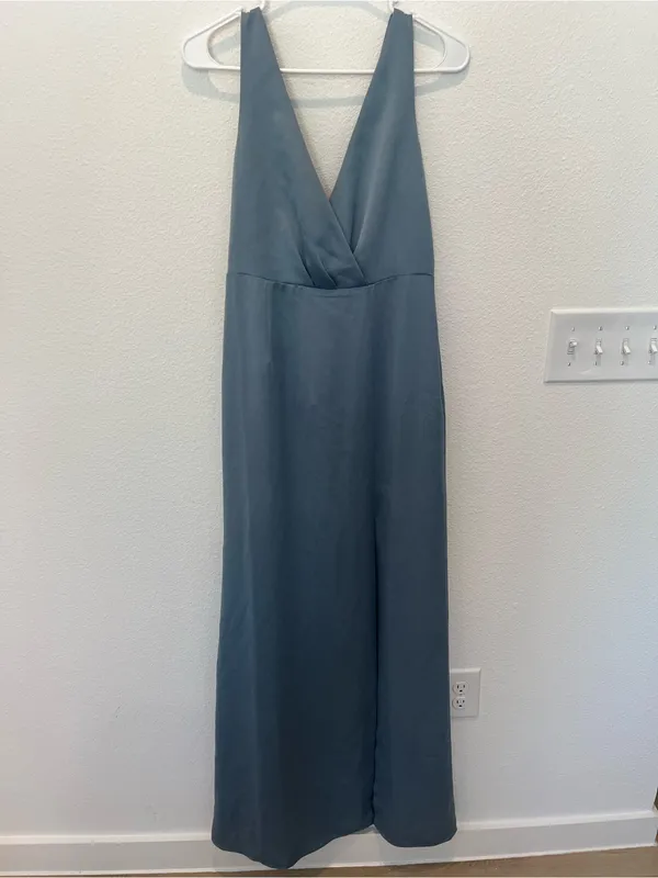 Anthropologie Bhldn Dusty Blue Piper V-Neck Side Slit Satin Gown - Image 5