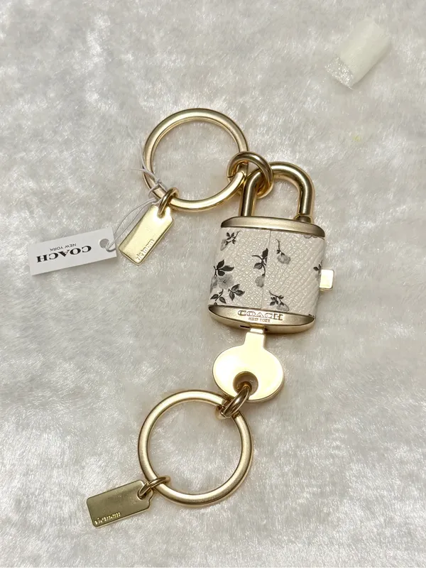 Coach keychain for women, key ring, lock, bag charm, leather floral pattern-RARE - Image 5