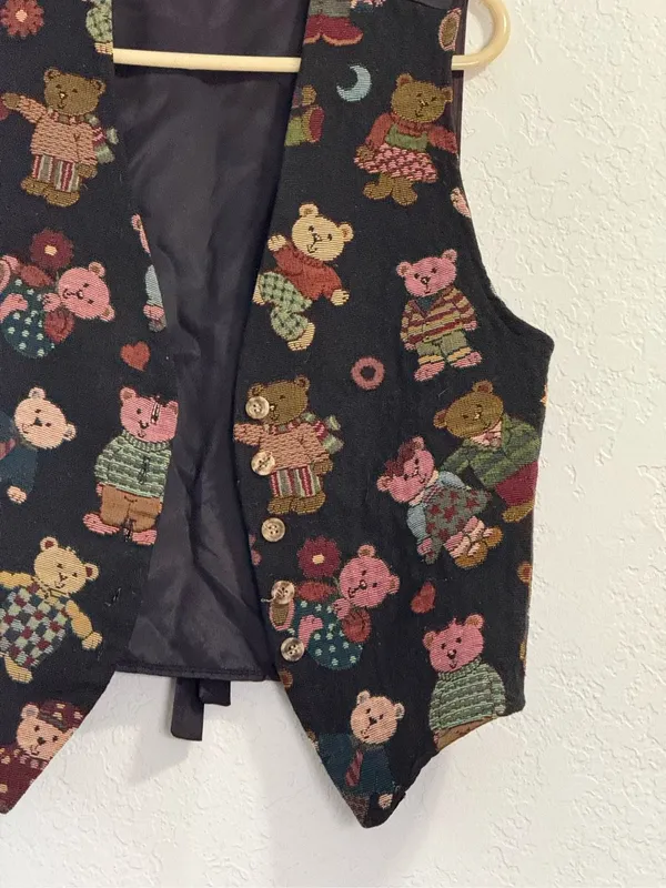 Vintage Casey & Max Teddy Bears Women's Sleeveless Vest Size M Tapestry - Image 3
