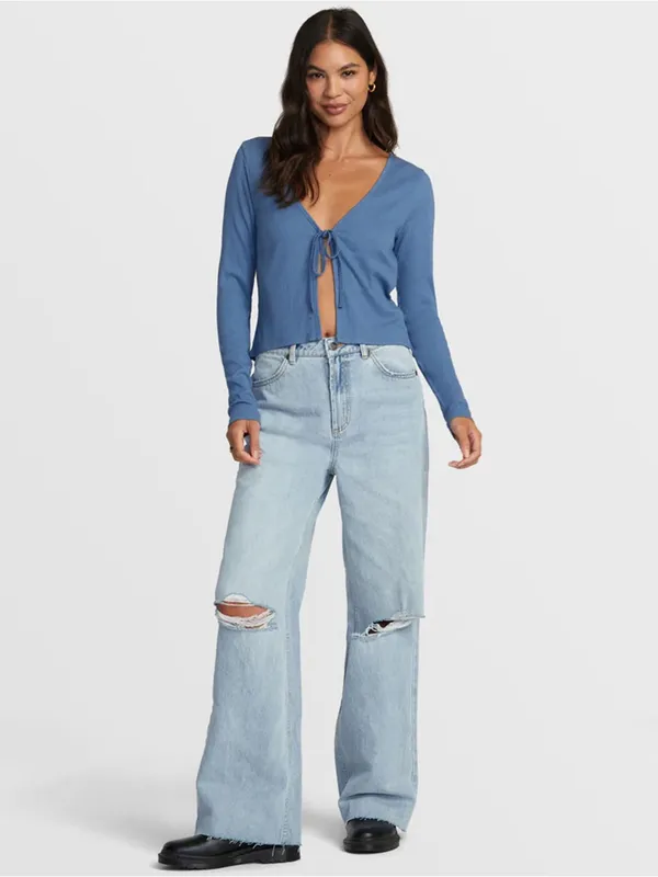 RVCA blue ribbed tie front long sleeve top L Y2K school casual - Image 9