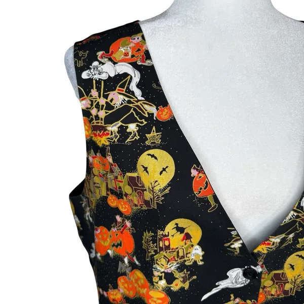 Vintage 90s Basic Editions Halloween Sleeveless Vest XL Pumpkin Witch Frogs Bats - Image 3