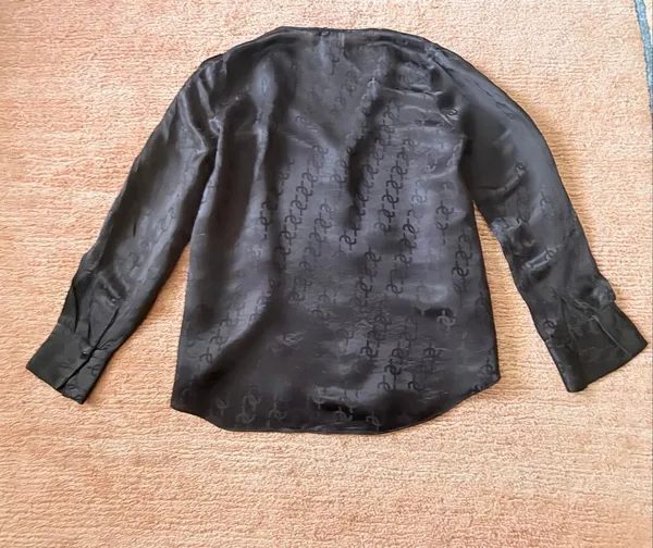 Massimo Dutti Black Monogram Silk Viscose Sheer Button Front Blouse Size XS - Image 4