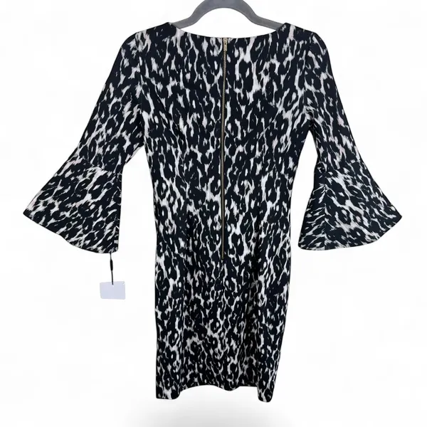 Calvin Klein NWT Womens Black White Animal Print Bell Sleeve Sheath Dress Size 2 - Image 3