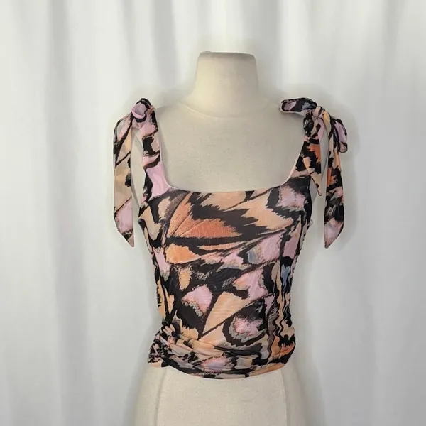 FREE PEOPLE‎ Avenue Tank Top Tie Shoulders Scoop Neck Pink Combo Retro Medium - Image 3