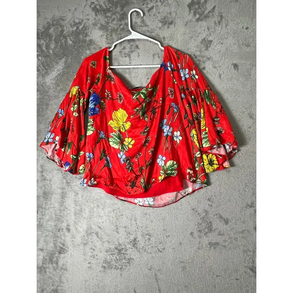 Alice + Olivia Red Floral Off The Shoulder Bell Sleeve Peasant Blouse Boho Top M - Image 3