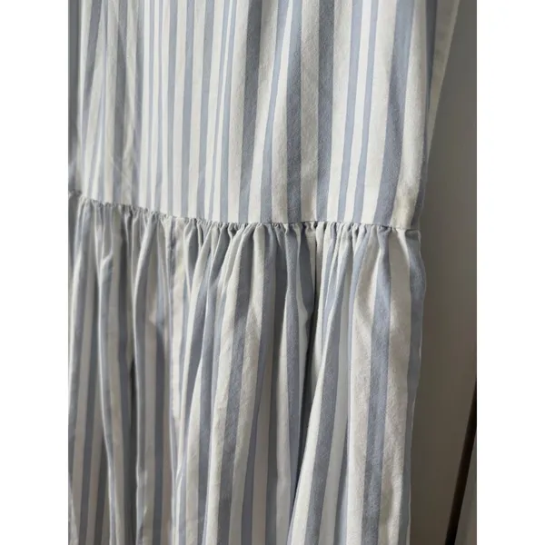 Vintage Blue White Striped Sleeveless Midi Dress Button Shoulder Drop Waist - Image 5