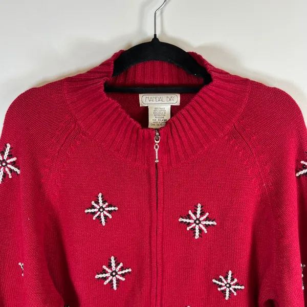 Mandal‎ Bay Red Snowman Christmas Sweater Zip Up Cardigan Beaded Snowflake XL - Image 2