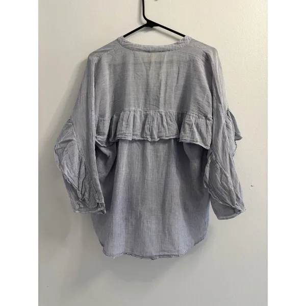 Maeve Anthropologie Women’s Blue White Striped Ruffle Sleeve Cotton Top Small - Image 4