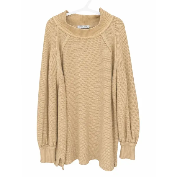 Free People We The Free She’s A Keeper Sweater Women’s L Tan Oversized Boho - Image 4