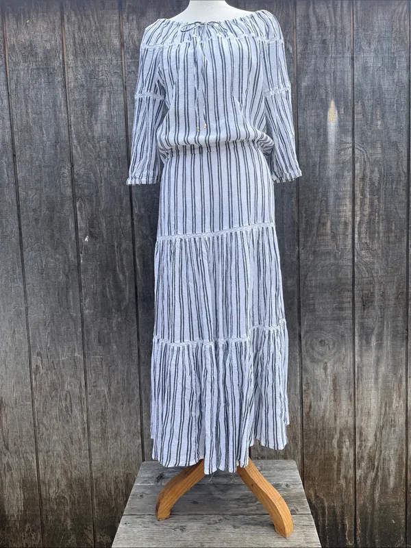 Lauren Ralph Lauren White Maxi Dress Black Stripes Ruffled Tiered Hem Sz 14 - Image 6