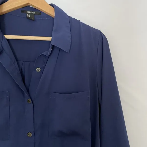 Forever 21 Womens‎ Button-Up Navy Blouse - Medium business casual blue shirt - Image 2