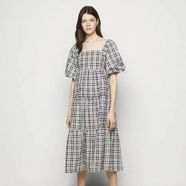 Faithfull the Brand Kiona Checker Print Puff Sleeve Midi Dress Black White M NWT - Image 3