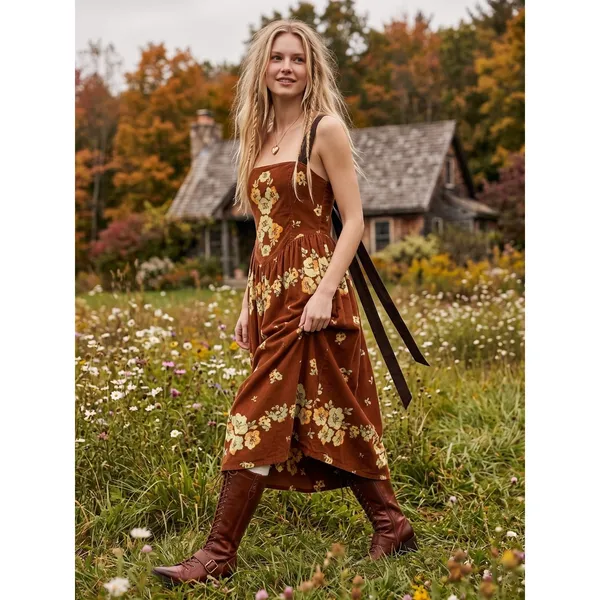 Free People Dainty Cottage Micro Corduroy Until Dawn Midi Dress Brown XL - Image 4