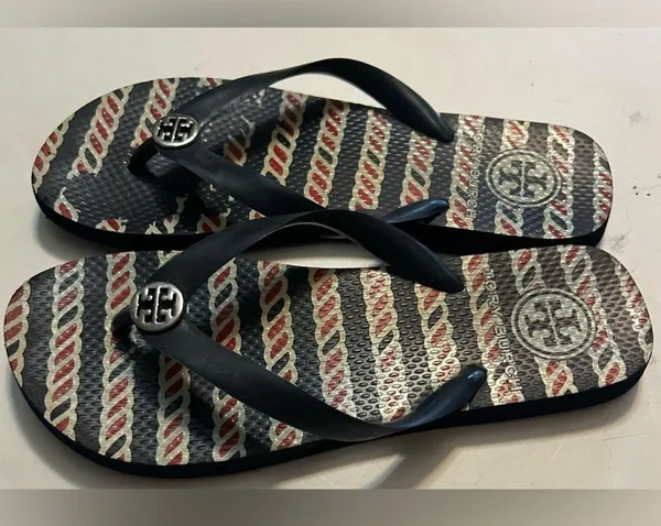 TORY BURCH Signature Red/white/blue rubber flip flops size M or 6.5-7.5 - Image 3