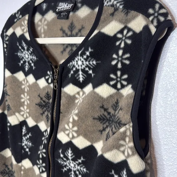 Vintage Sierra Classics Large Snowflake Fleece Vest Tan Black White Full Zip L - Image 3