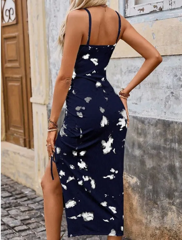 Navy Blue Ink Splash Drawstring Slit Spaghetti Strap Dress - Image 2