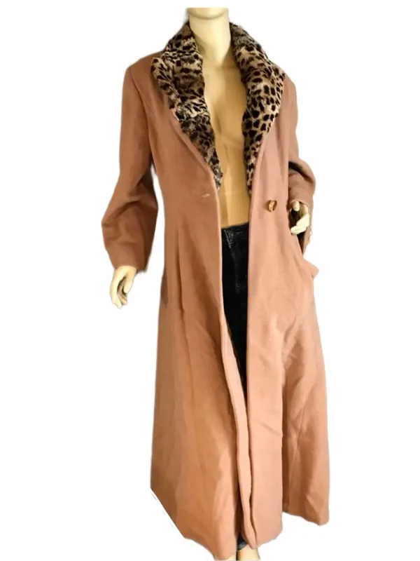 Oronero Tan Italian Wool & Animal Print Rabbit Fur Collar Coat (8) - Image 2