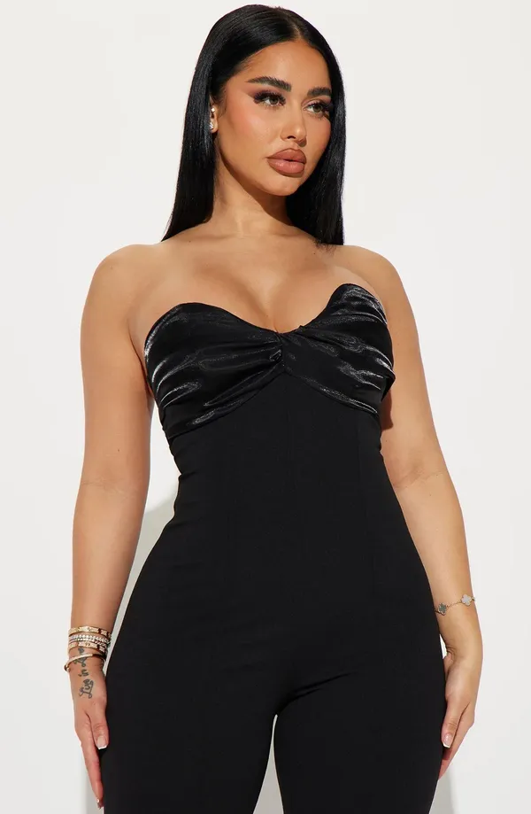 Strapless black bell bottom jumpsuit - Image 2