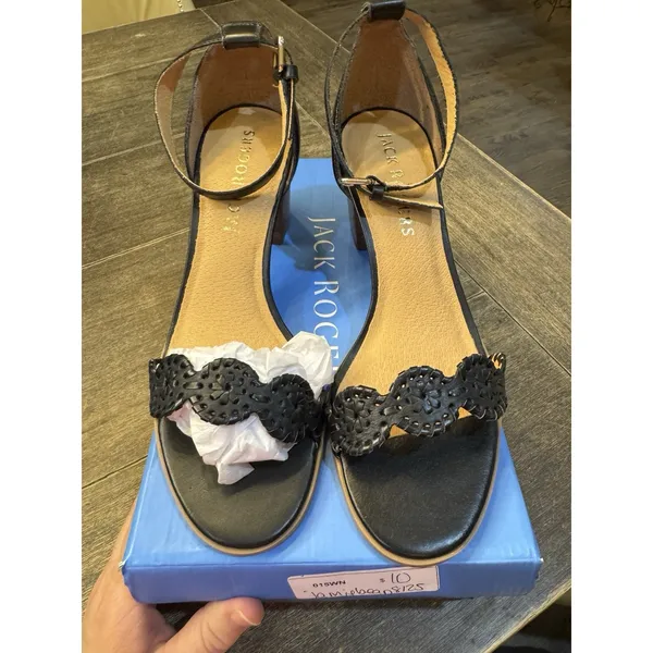 Jack Rogers Womens' Lauren Ankle Strap Mid Heels Black Scalloped Trim Size 9.5 - Image 4