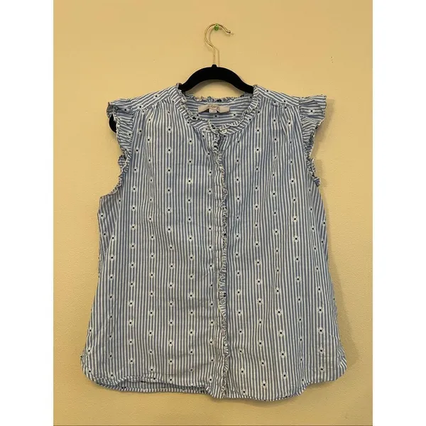 Loft Blue White Stripe Daisy Ruffle Button Front Top Women's Medium - Image 3