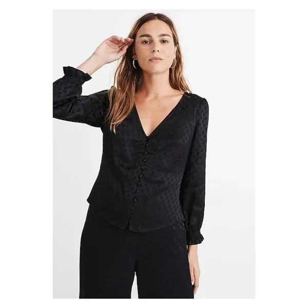 Madewell Smocked Sleeve V-Neck Woven Dot Blouse Women's 00 Black Minimalist Chic - Image 7