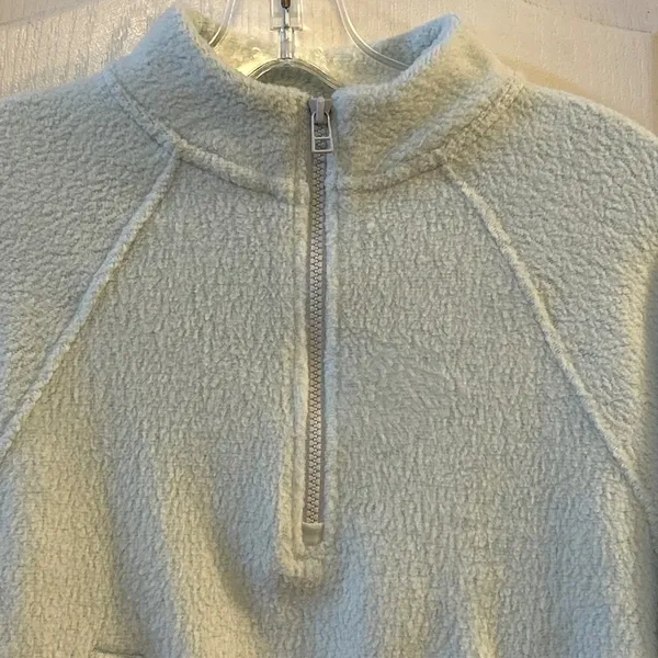 BP Faux‎ Fur Quarter Zip Cropped Pullover Light Blue Green Womens XS - Image 2