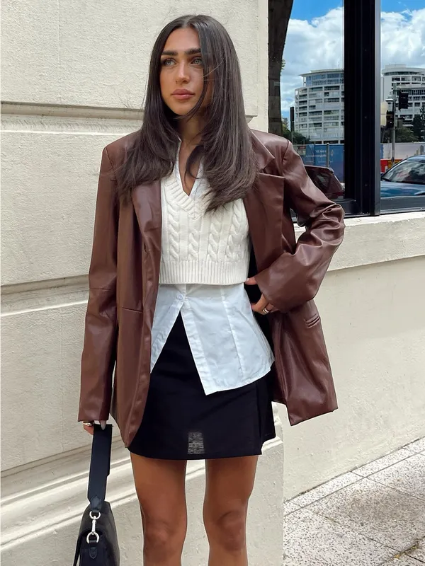 Princess Polly Chocolate Brown Faux Leather Blazer - Image 2