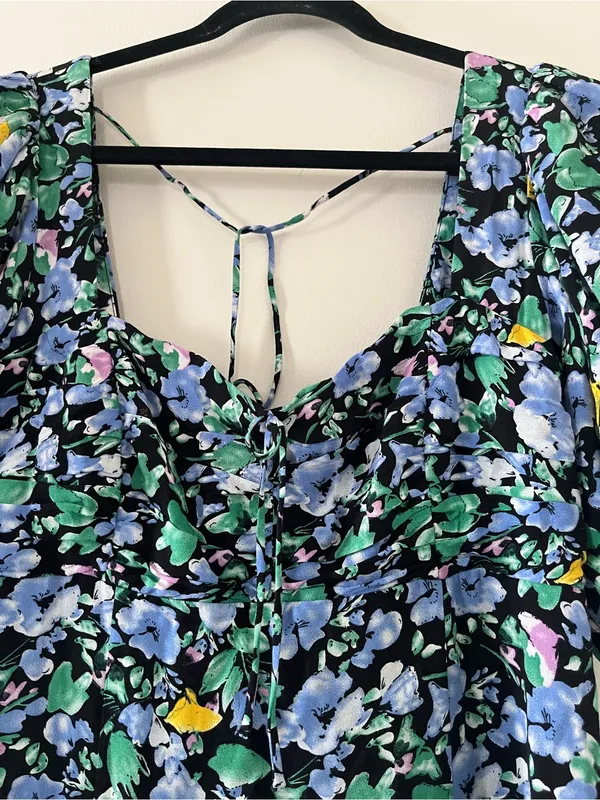 Blue Green Floral Puff Mini Dress Medium Romantic Cottagecore Summer Going Out - Image 4