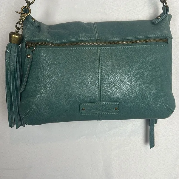 Lucky Brand Teal Leather Foldover Crossbody Hobo Bag Boho Fringe Distressed - Image 7