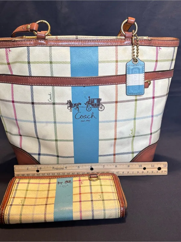 Vtg Coach Heritage Tattersall Plaid Coated Canvas Tote & Wallet with Blue Stripe - Image 2