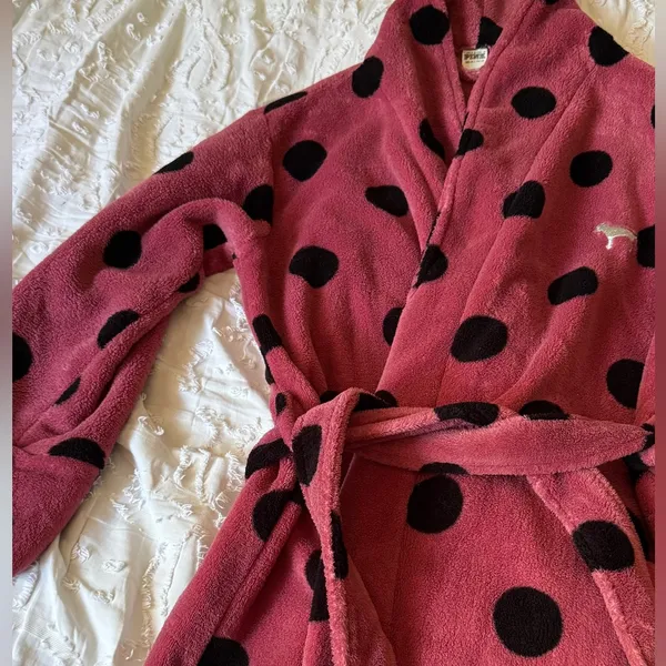 PINK Pink Polka Dot Plush Vintage Robe with Black Spots XS - Image 2