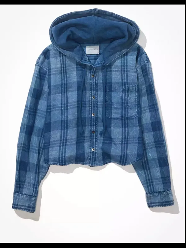 American Eagle AE Cropped Hooded Flannel Shirt in blue S - Image 6