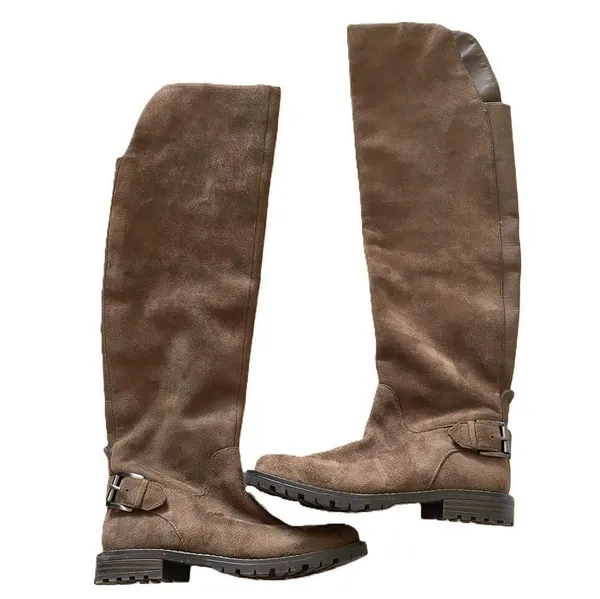 EUC G H BASS India Over the Knee Brown Faux Suede Flat Boots with Buckle Sz 5.5 - Image 2
