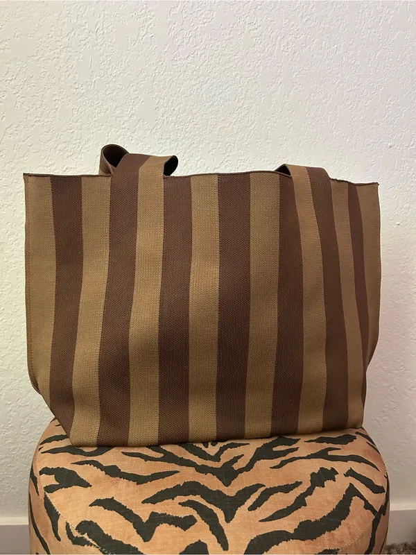 NEW Vivere Brown Striped Reusable Woven Tote Bag - Image 6