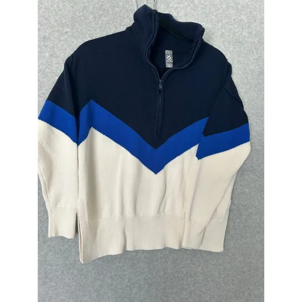Lou & Grey Womens Small Cotton Chevron Colorblock Quarter Zip Sweater Navy Cream - Image 2