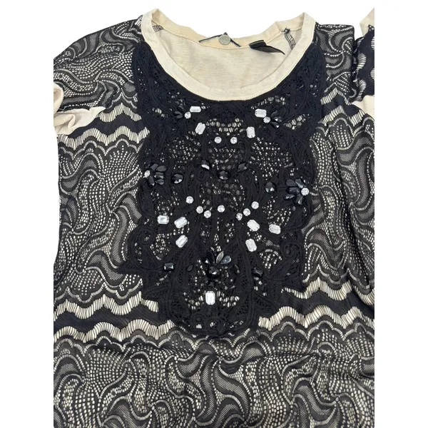 BKE Boutique Womens Small Black Lace Beaded Crochet‎ Bib Short Sleeve Top Cream - Image 3