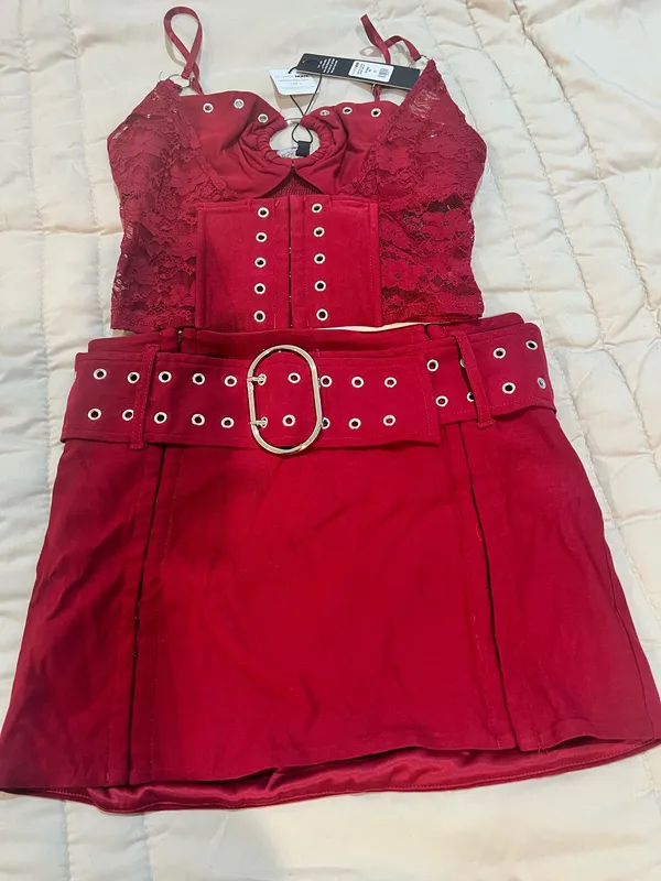 Red Lace-Trim Grommet Mini Dress Set - Women - Image 3