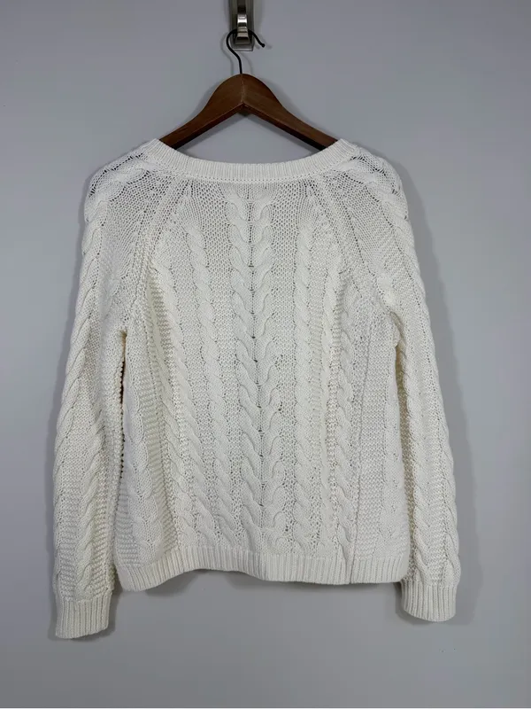 Express Women’s Small Ivory Cable Knit Crewneck Sweater Cozy Fisherman - Image 2