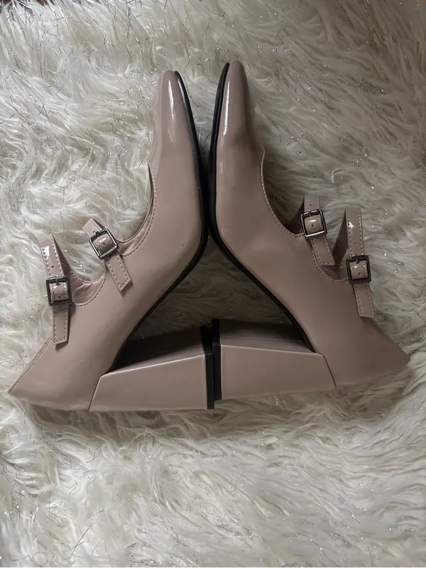 Marc Fisher Charisy Beige Women’s Tapered Patent Leather Block Heel Shoes Size8M - Image 3