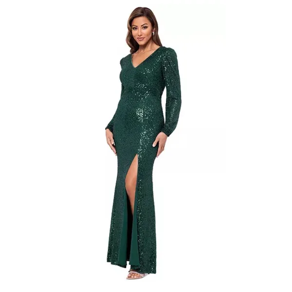 XSCAPE Women's Sequinned High-Slit Evening Gown‎ Hunter Green Size 4 - Image 9